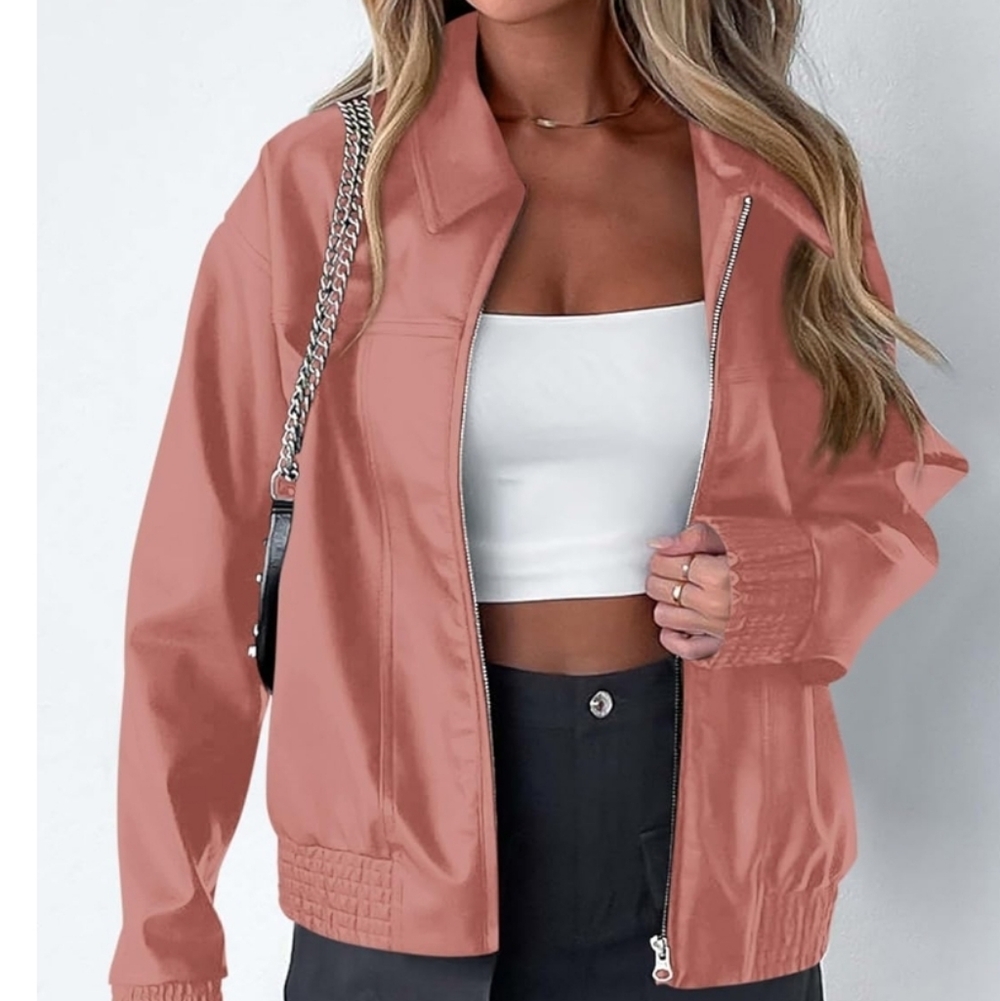 Faux Leather Dusty Rose Zip Front Jacket